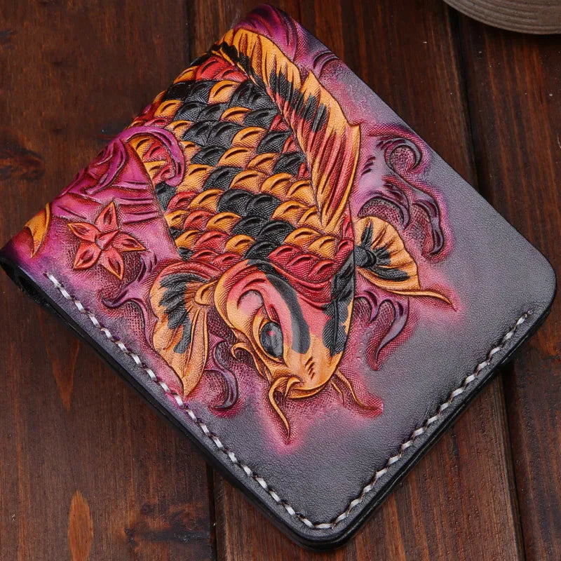 Men's red cow leather short wallet with carved details, shown open.
