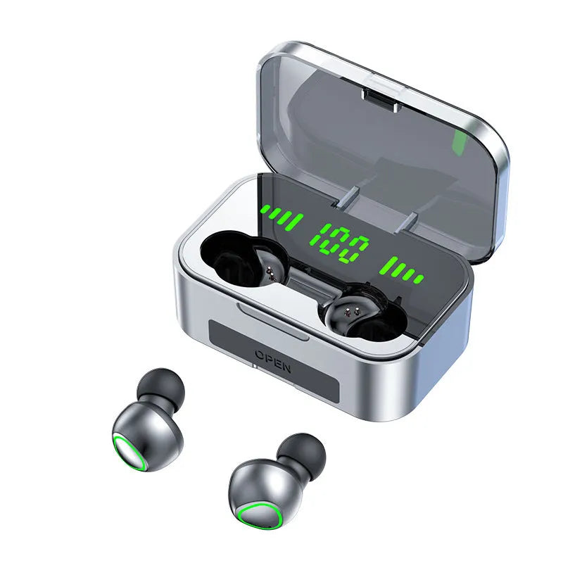 Black sports TWS Bluetooth earbuds with touch controls, shown in a charging case.