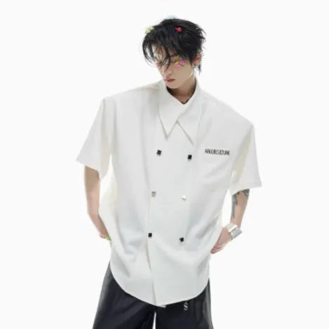 Men's loose fit casual short-sleeved shirt in white with lapel collar and decorative details