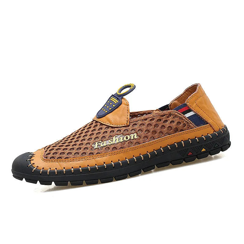 Mens brown casual shoes with mesh fabric uppers and rubber soles on a white background