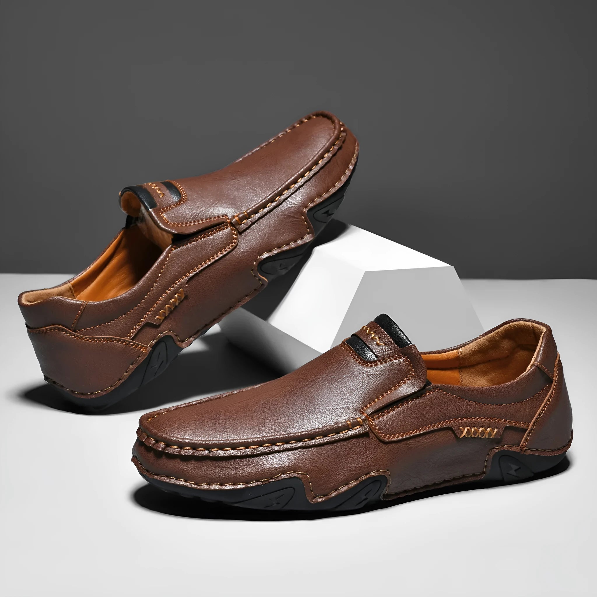 Men's flat casual slip-on loafers in microfiber with leather lining, shown in a choice of colours.