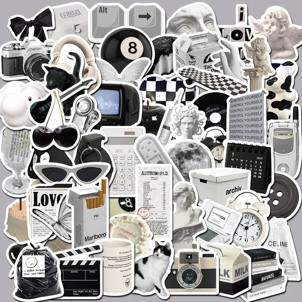 61 black and white waterproof PVC stickers for laptop and phone decoration