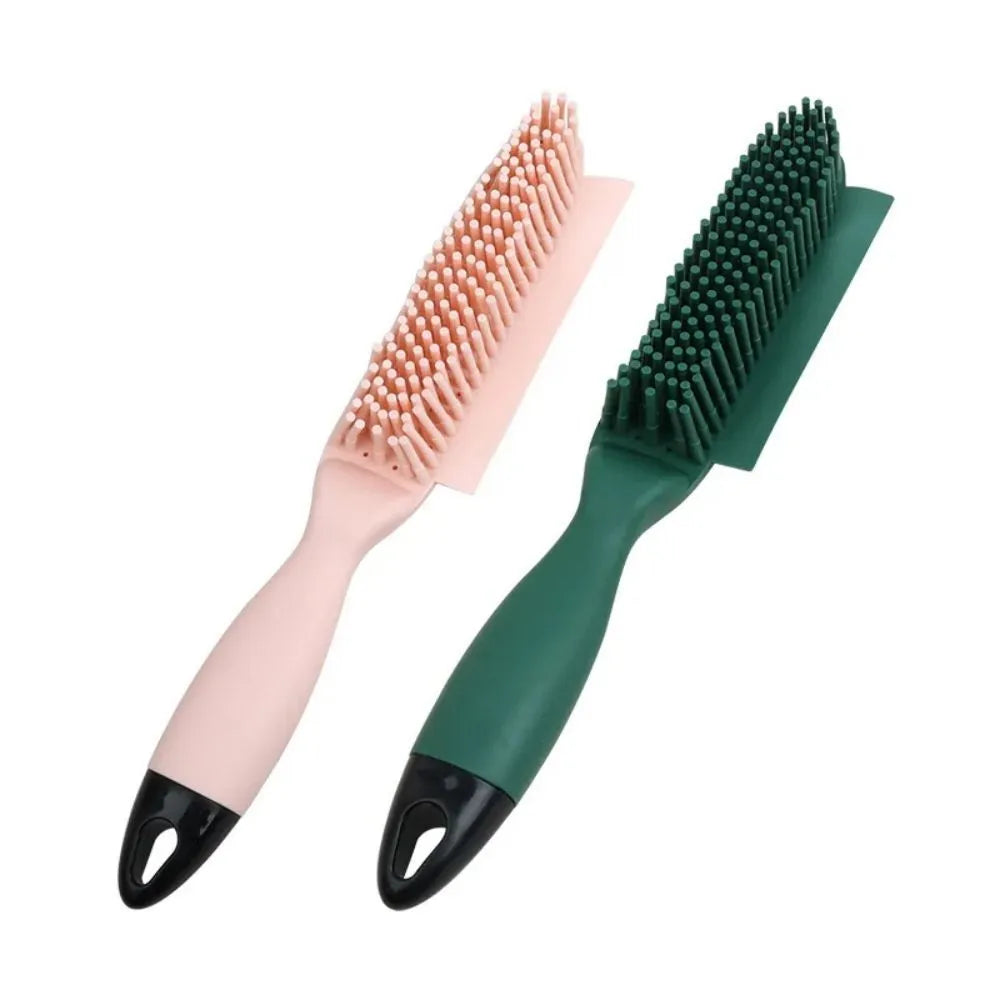 Green dog brush with hair collector reservoir, massage nodules, and a separate pink wool sticker for pet hair removal