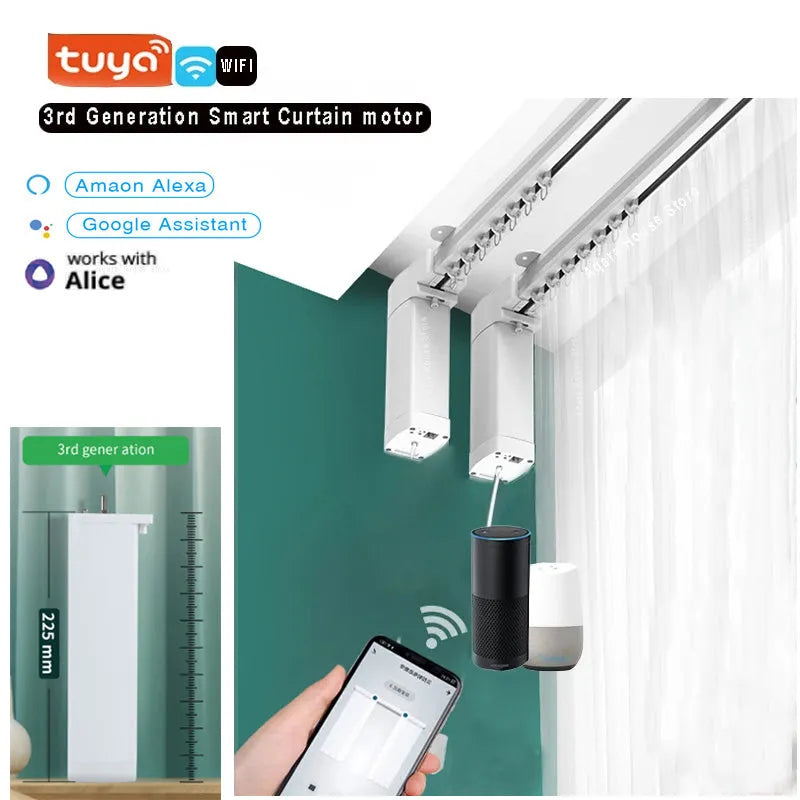 Duya smart electric curtain motor with remote control on aluminium track for home automation.