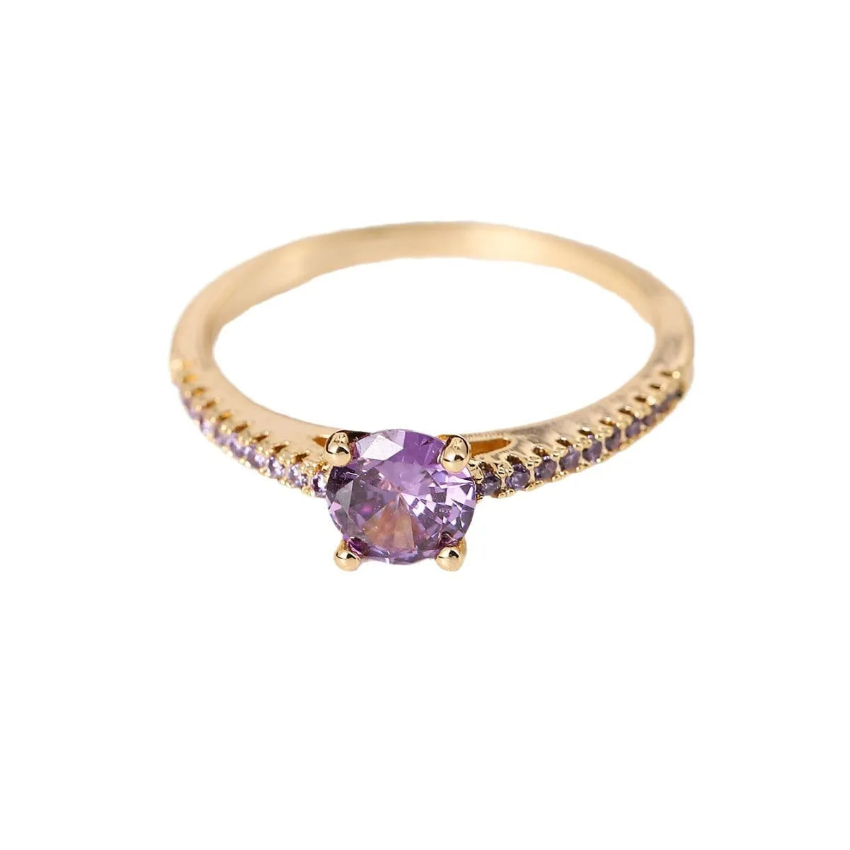 Geometric hexagon zircon ring in copper on a grey background, showing gold rose red and gun black purple colour options.