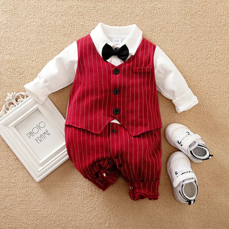 Wine red cotton baby boy romper suit with long sleeves for autumn.