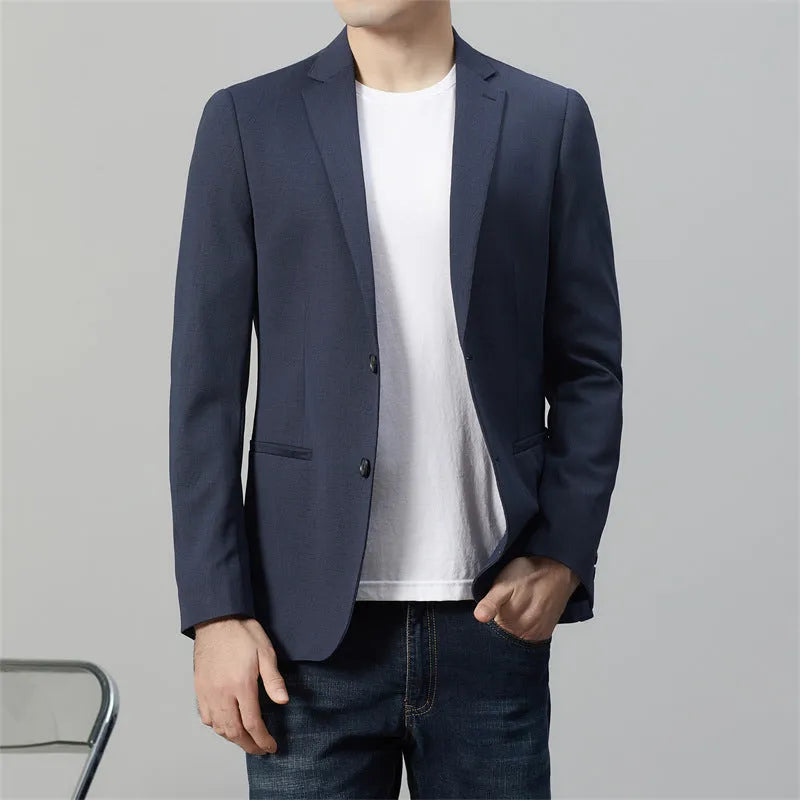 Long sleeve slim fit casual suit jacket in blue for youth leisure wear with nylon fabric and polyester lining