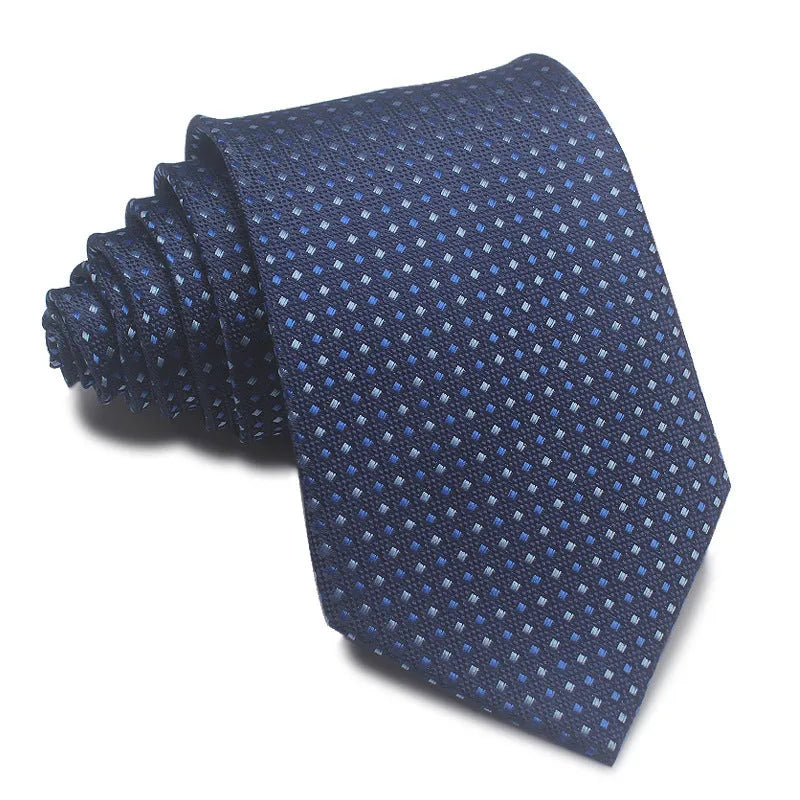 8cm wide polyester jacquard striped men's business tie shown in multiple colour variations