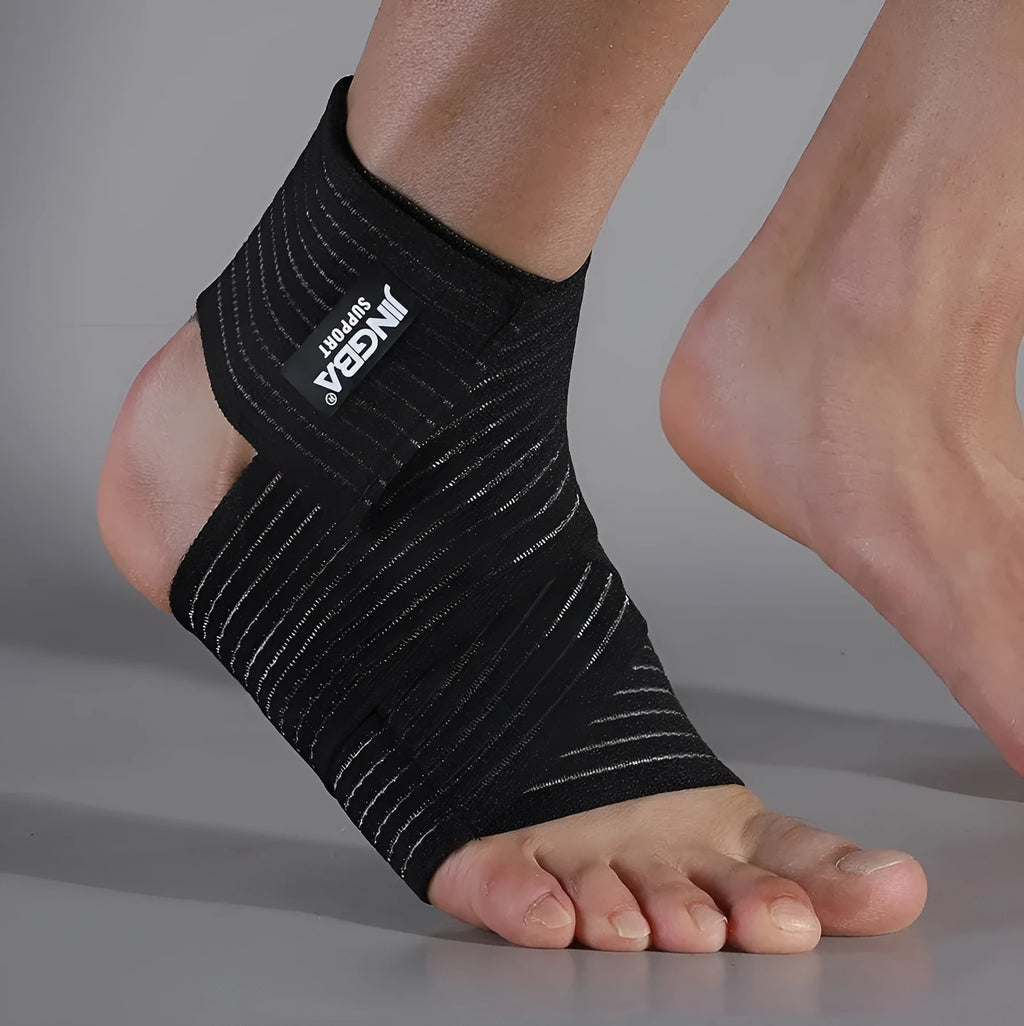 Adjustable black and khaki sports ankle support bandage for running and fitness