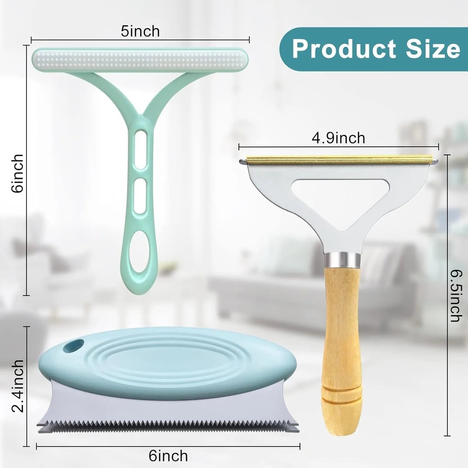 Green three-piece pet hair remover set with metal, silicone, and round cleaning tools on a fabric background.