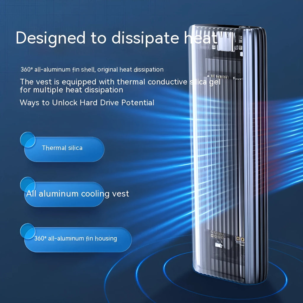 Aluminium M.2 SSD external enclosure with thermal management accessories and USB cable