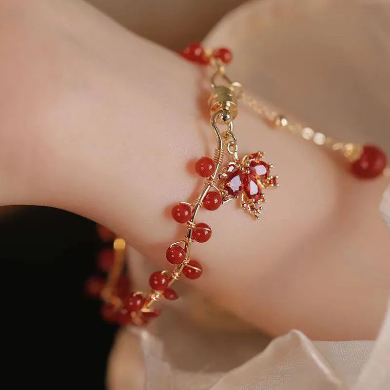 Red Chinese style magnetic therapy bracelet with maple leaf and ginkgo leaf alloy design
