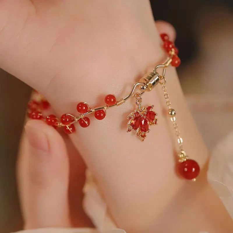 Red Chinese style magnetic therapy bracelet with maple leaf and ginkgo leaf alloy design