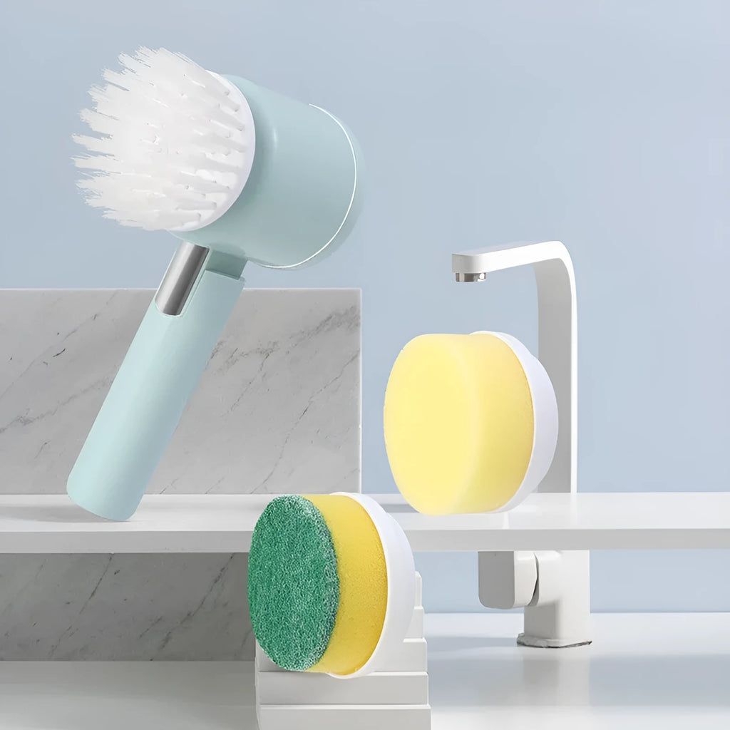 Foldable electric cleaning brush in green with three brush heads and USB charging port