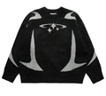 Women's loose fit jacquard pullover sweater in thick core-spun yarn with abstract pattern, long sleeves, 65cm length, street style