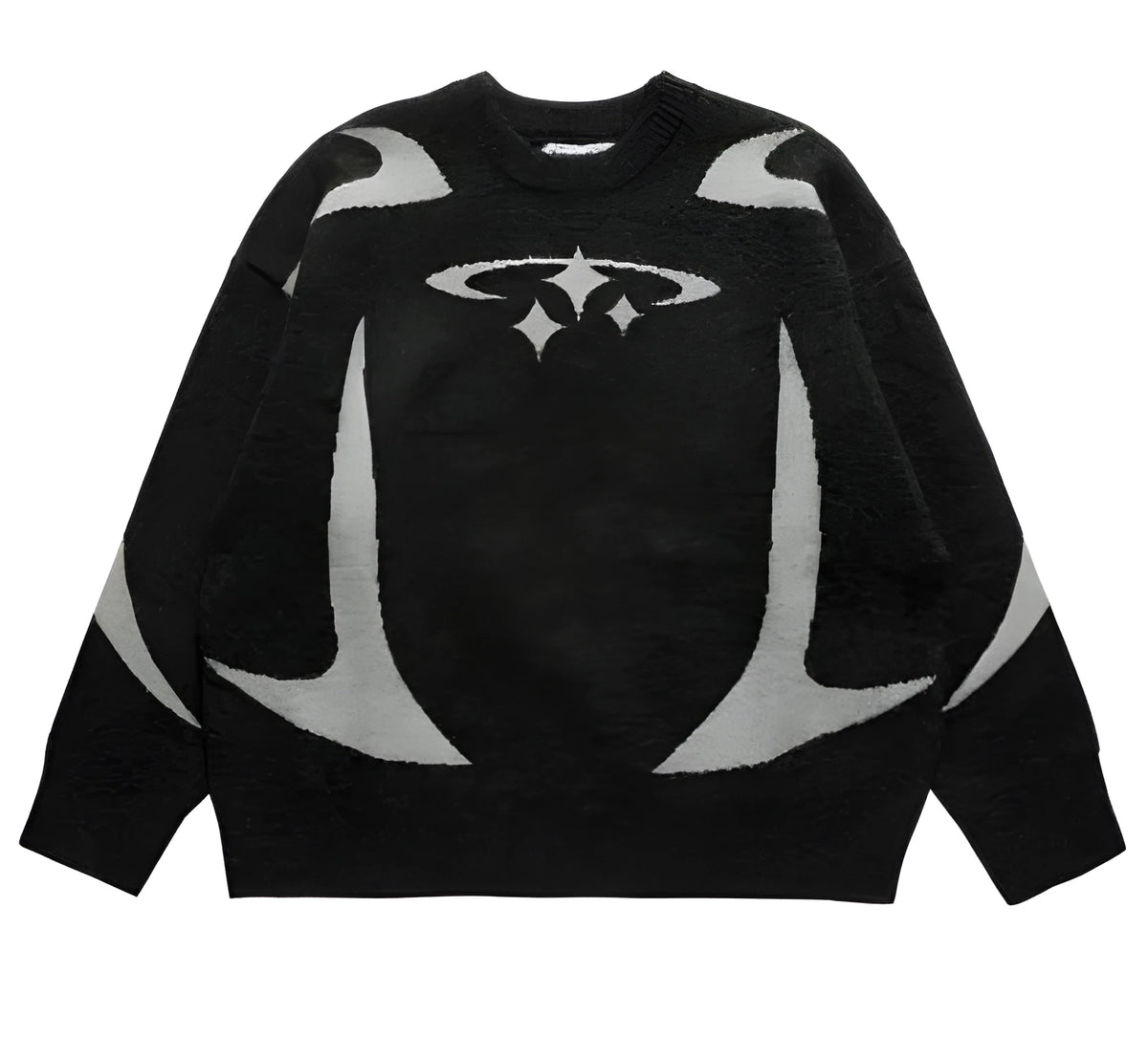 Women's loose fit jacquard pullover sweater in thick core-spun yarn with abstract pattern, long sleeves, 65cm length, street style