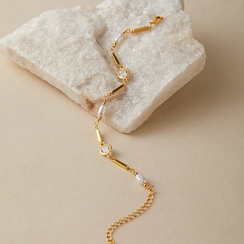 18K gold copper electroplated bracelet with inlaid zircon and ABS pearl for women