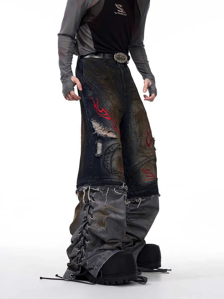 Men's retro jeans with detachable legs showing wide leg design and mid-high waist