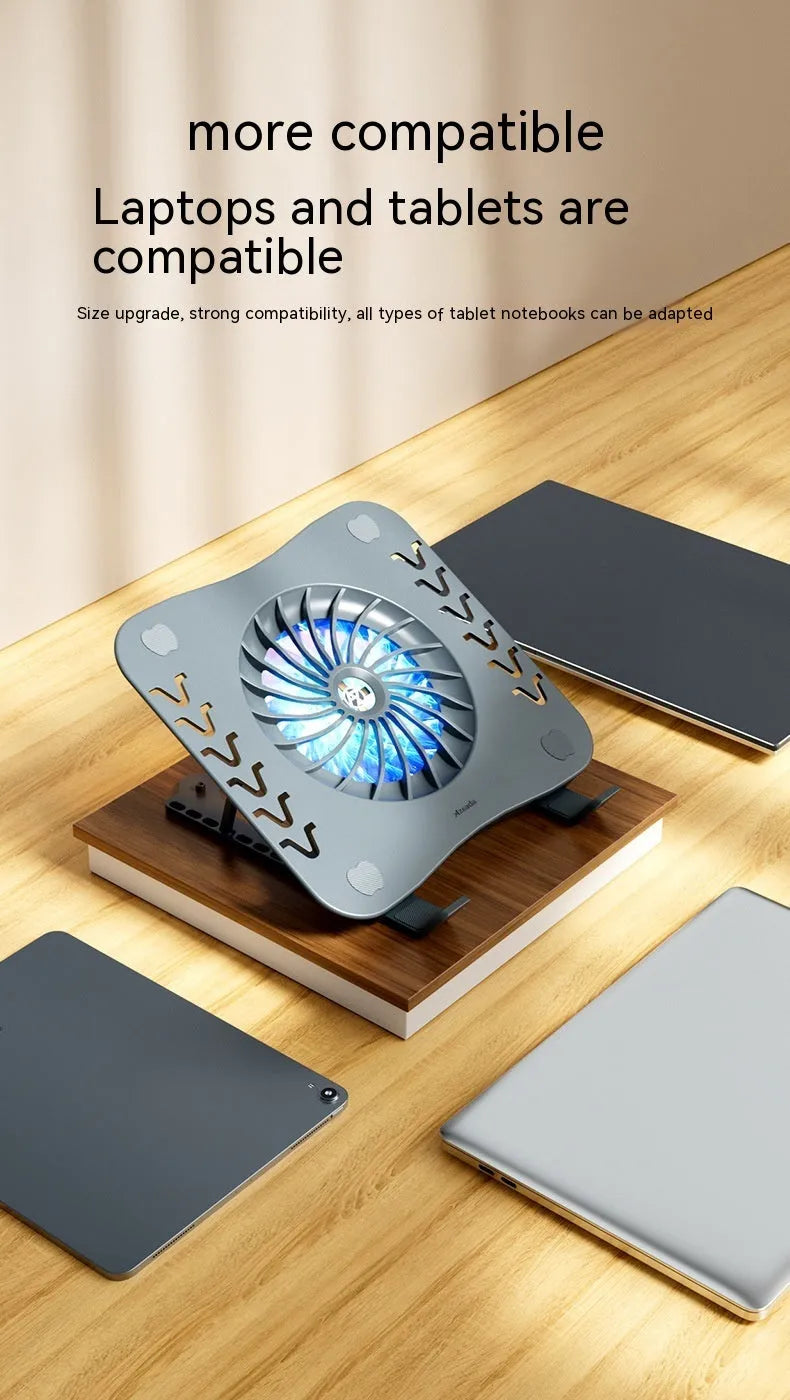 Portable folding notebook radiator cooling stand in grey with charging cable, size 250x220mm