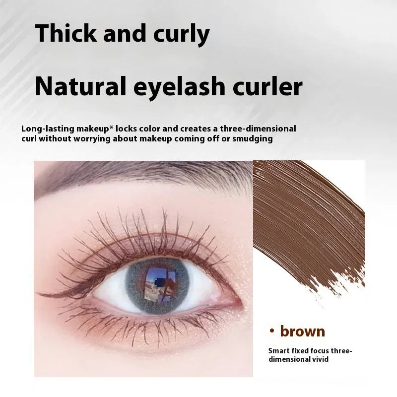 Waterproof steel tube mascara and eyelash curler in black and brown shades.