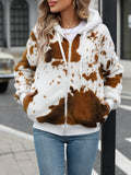Yellow brown cow animal print hooded cardigan jacket with front zipper