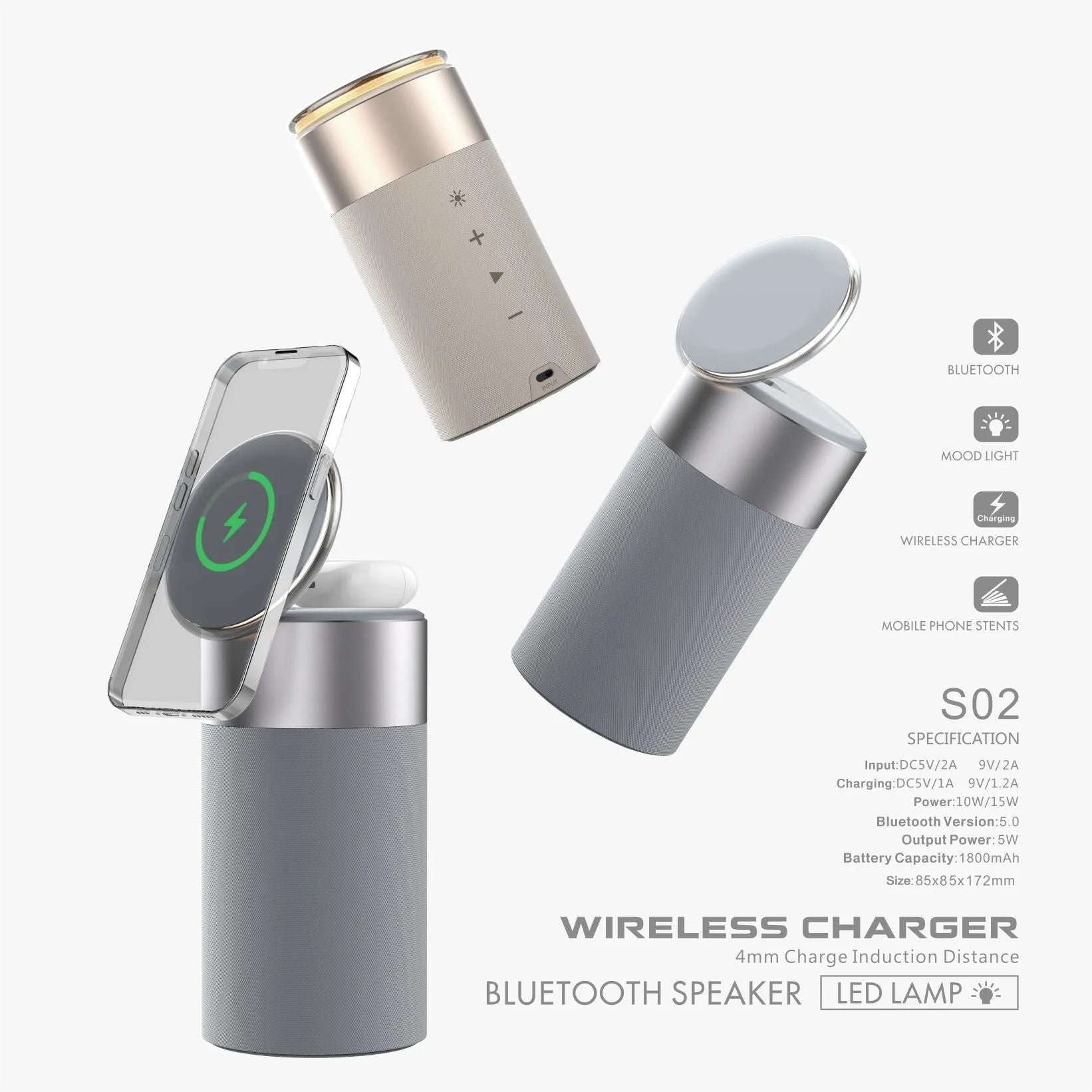 3-in-1 multi-function wireless charger Bluetooth speaker with touch lamp and phone holder for iPhone and AirPods in Gold