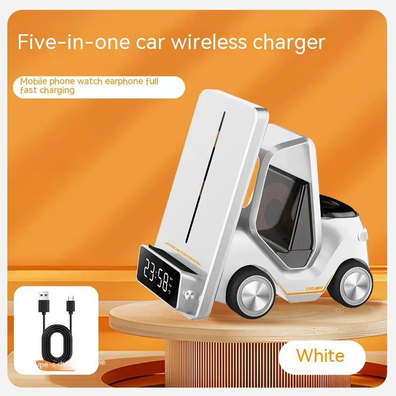 Grey 15W three-in-one wireless charging stand for mobile phones showing its angled design and Type-C port.