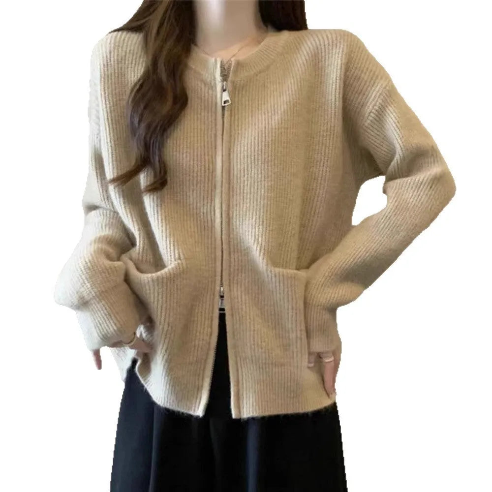 Beige viscose fibre sweater coat with long sleeves cardigan styling