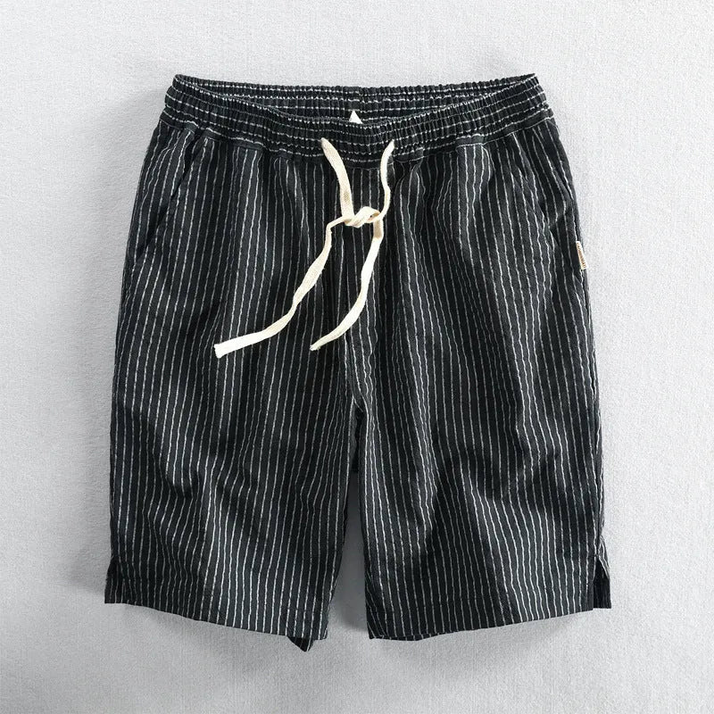 Men's striped cotton casual shorts with loose straight fit and micro elastic waist