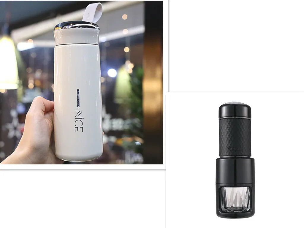 Portable manual espresso coffee machine in four colours with compact stainless steel design.