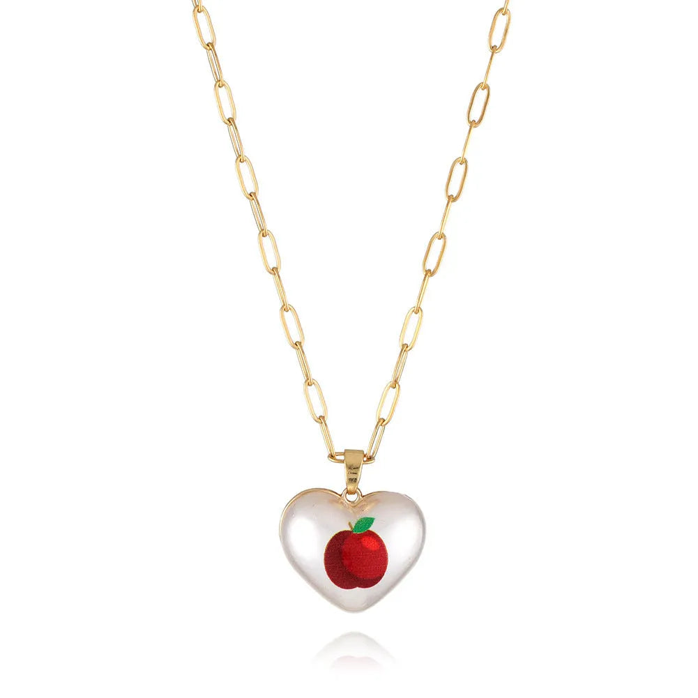 Heart-shaped necklace with geometric chain and a detailed fruit pendant charm, adjustable from 21cm to 50cm.