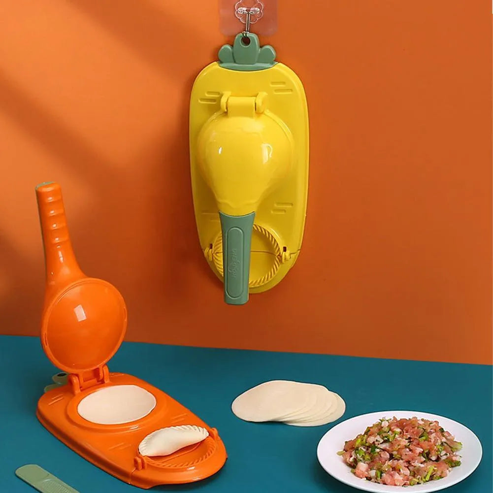 Orange and white plastic dumpling maker tool with ergonomic handle and 2-in-1 design