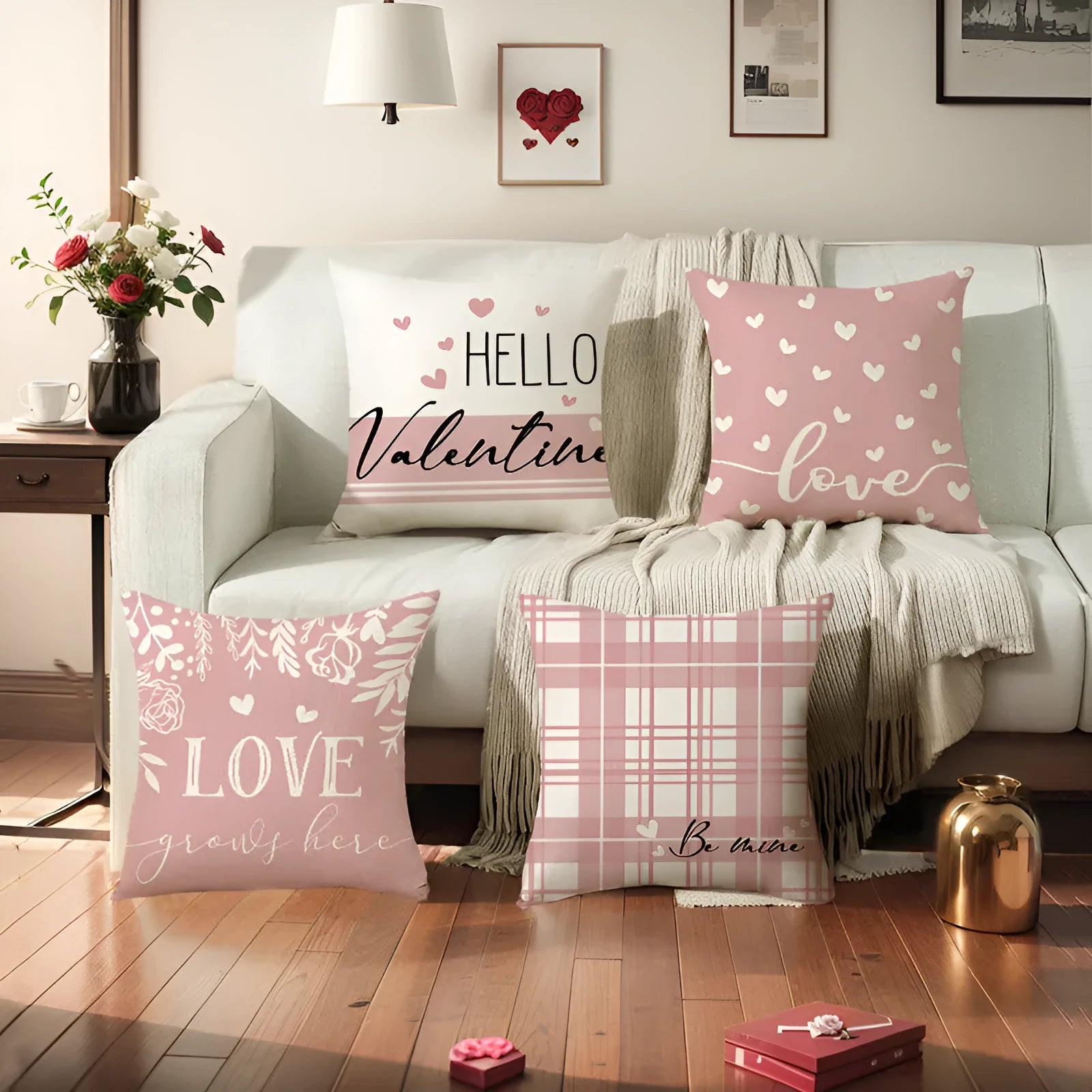 Square plaid pattern pillow cover with heart design, 45cm by 45cm, shown in one of four colour variations.