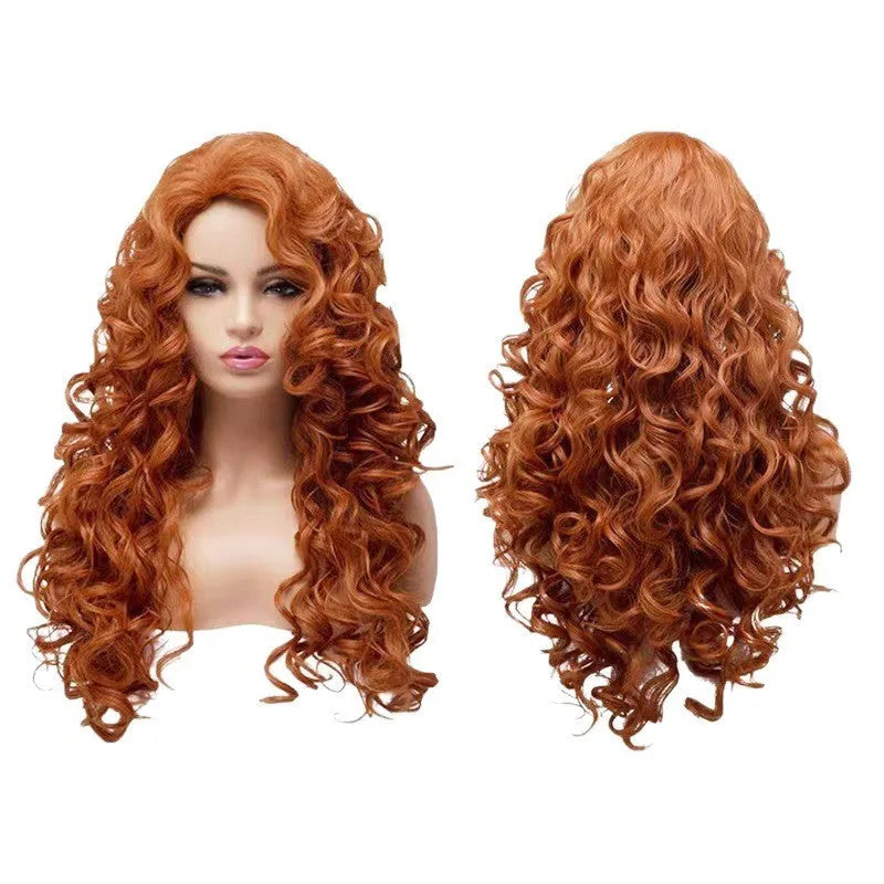 Long brown curly wig with red streaks and fluffy instant noodles texture for Halloween cosplay.