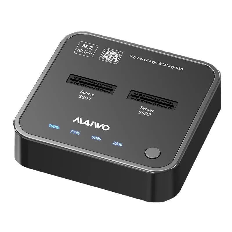 MAIWO K3016 M.2 SSD hard disk docking station with data cables and power adapter on a desk.