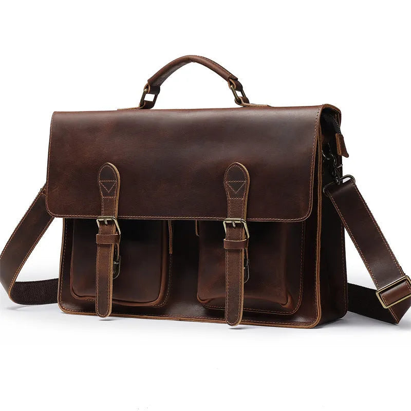 Cowhide leather crossbody computer bag in black coffee colour with anti-theft features and business design