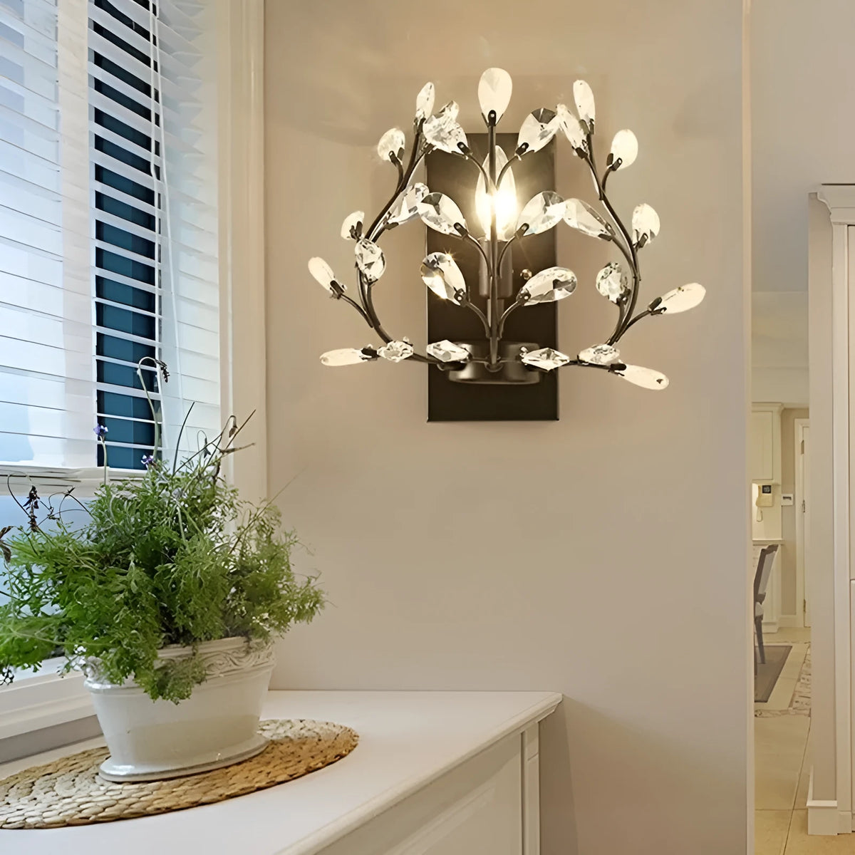 Crystal wall lamp with black finish, mounted on wall, diameter 33 cm height 29 cm, American style