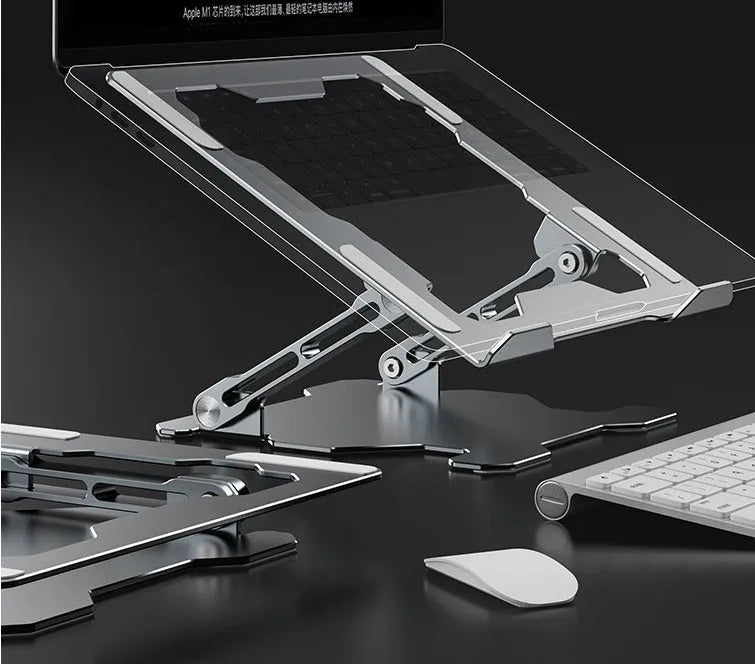 Aluminum laptop stand in folded position showing adjustable mechanism and silicone protection pads