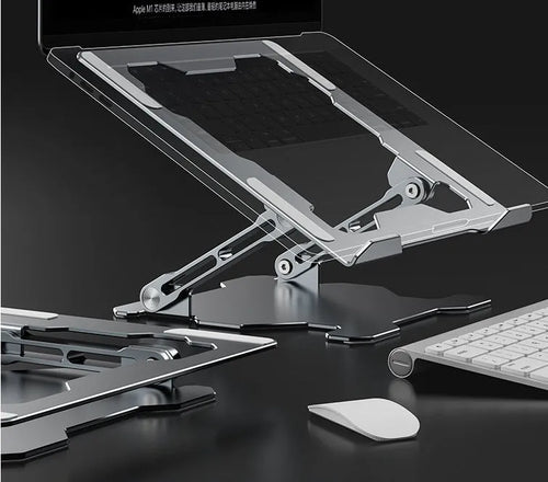 Aluminum laptop stand in folded position showing adjustable mechanism and silicone protection pads