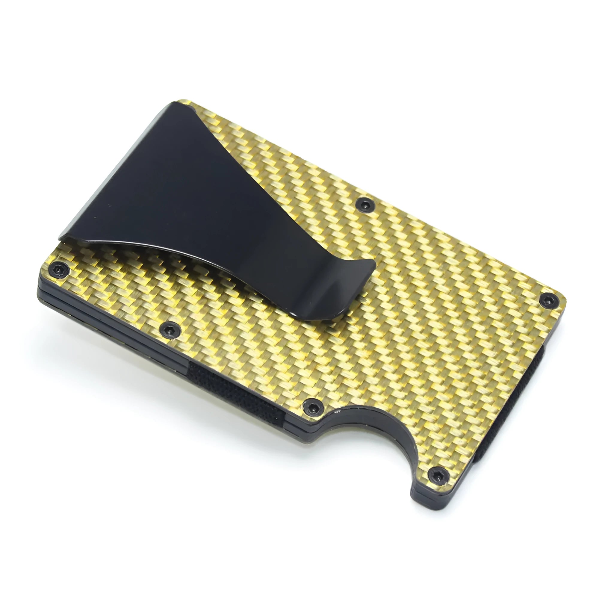 A slim carbon fibre card holder wallet in a geometric design, shown with business cards.