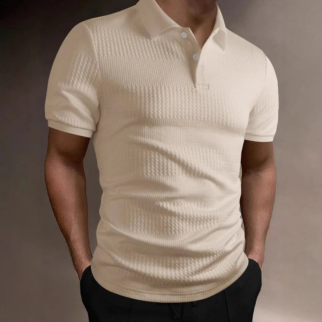 Men's striped polo shirt in loose fit with short sleeves showing asymmetric design details