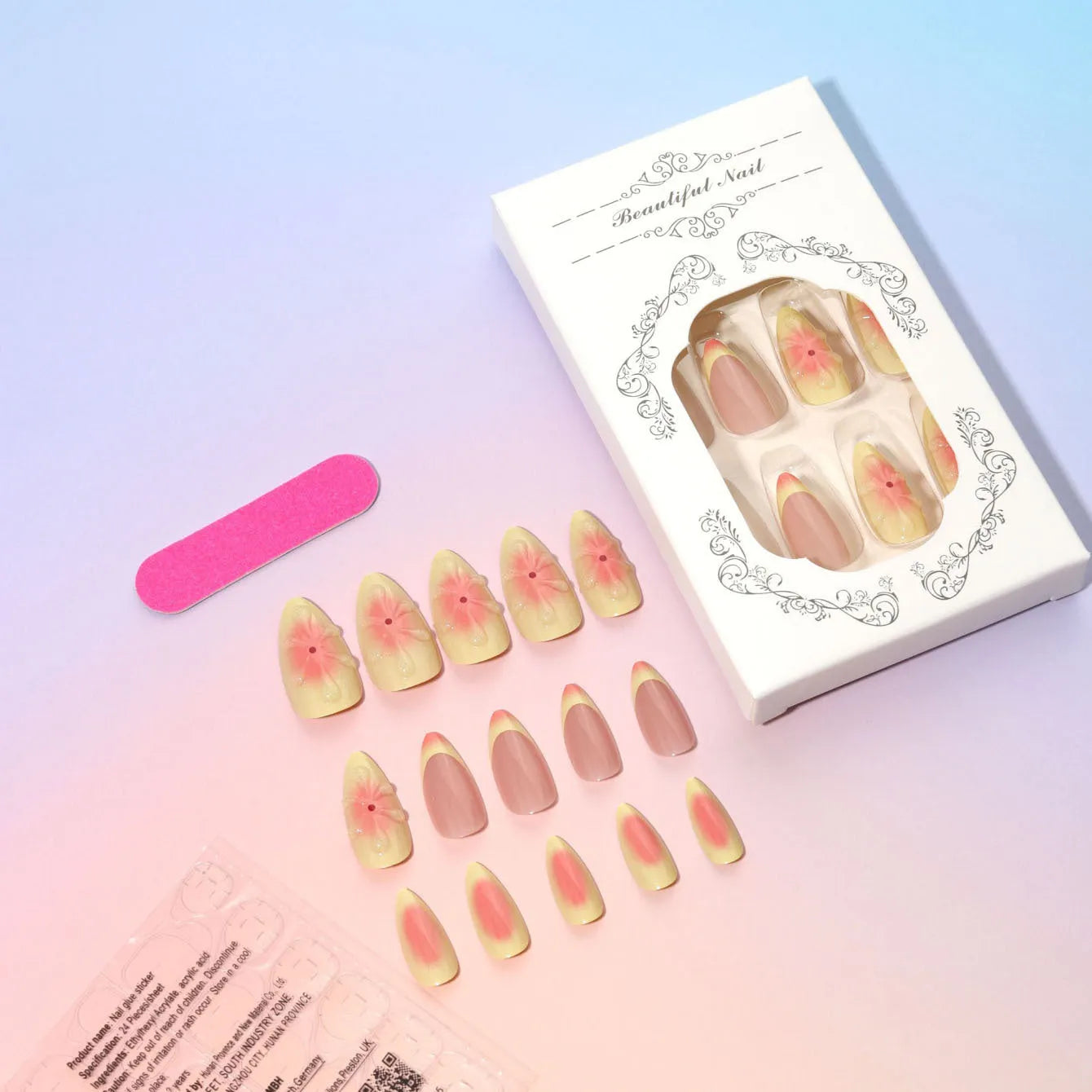 Set of detachable fake nails with 3D cartoon flower design on plastic armour, includes jelly glue.