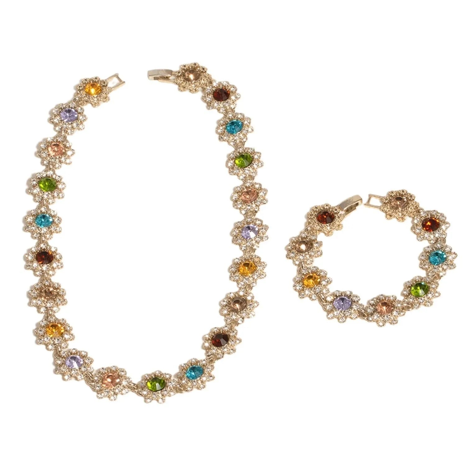 Colorful rhinestone necklace, earrings, and bracelet set on display, electroplated zinc alloy, geometric pendant