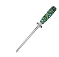 High carbon steel manual knife sharpener with an abalone shell handle.