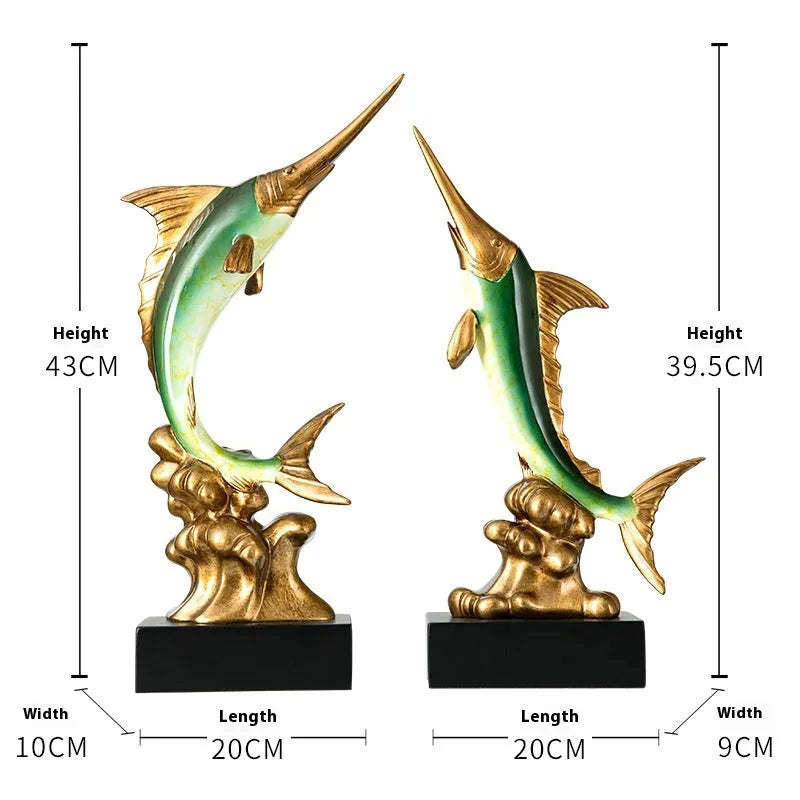 European swordfish resin and plastic decorative ornament in choice of colours on a shelf.