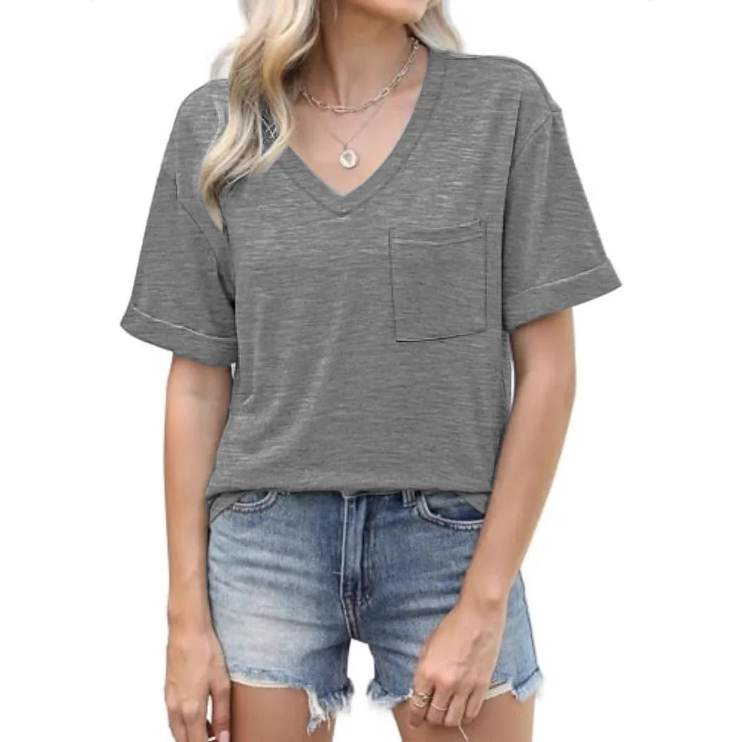 Grey loose fit V-neck T-shirt with a front chest pocket on a hanger.