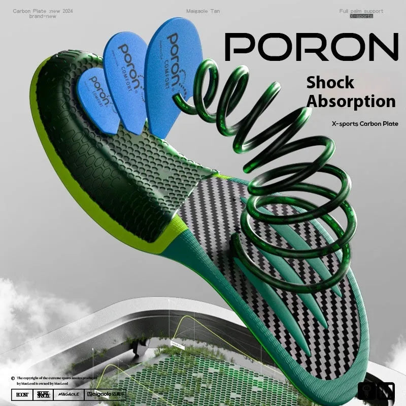 Unisex marathon racing insoles in green and red with carbon plate EVA PU gel cushioning