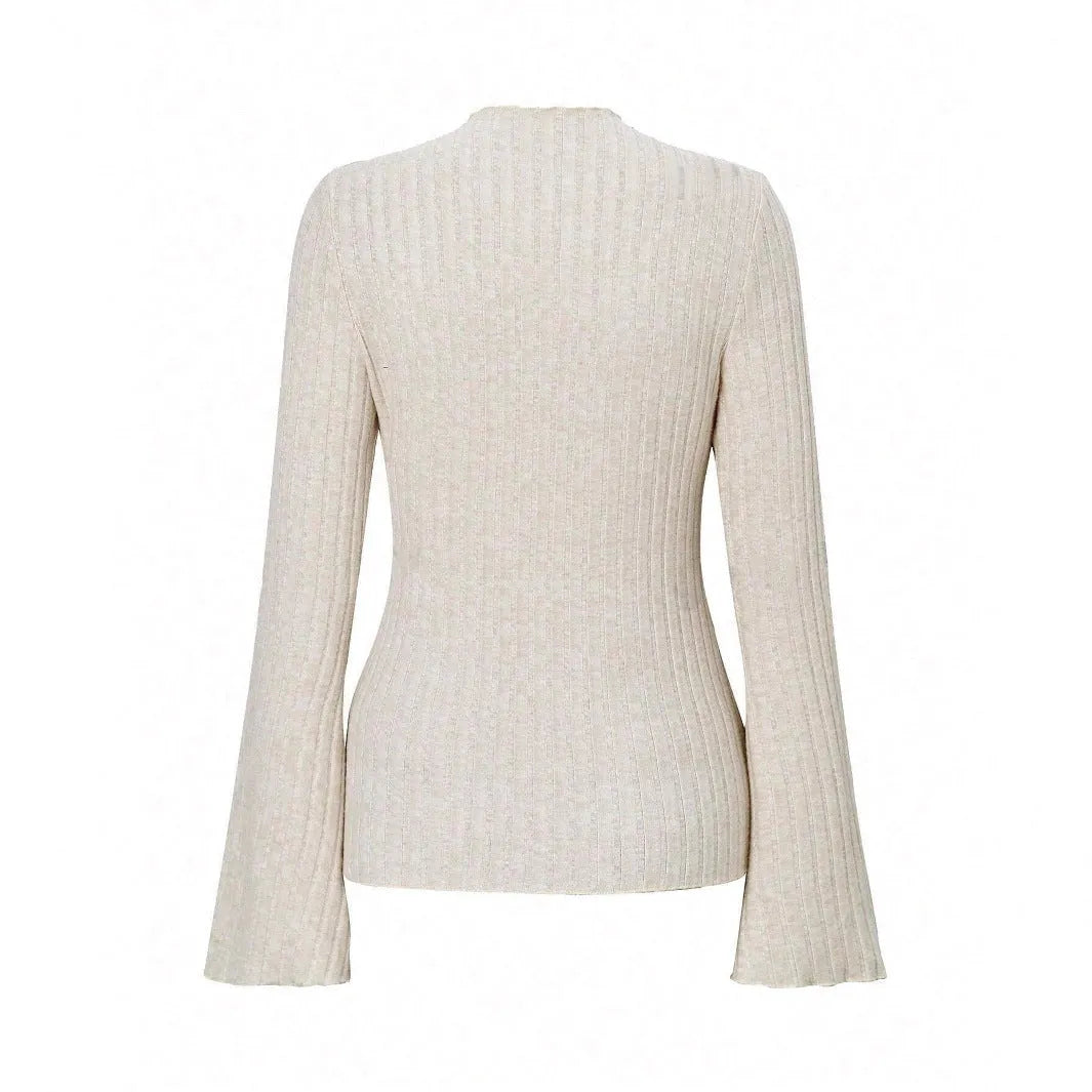 Slim fit long sleeve top with lantern sleeves in black brushed polyester fabric, showing sunken stripe detail and round neck.