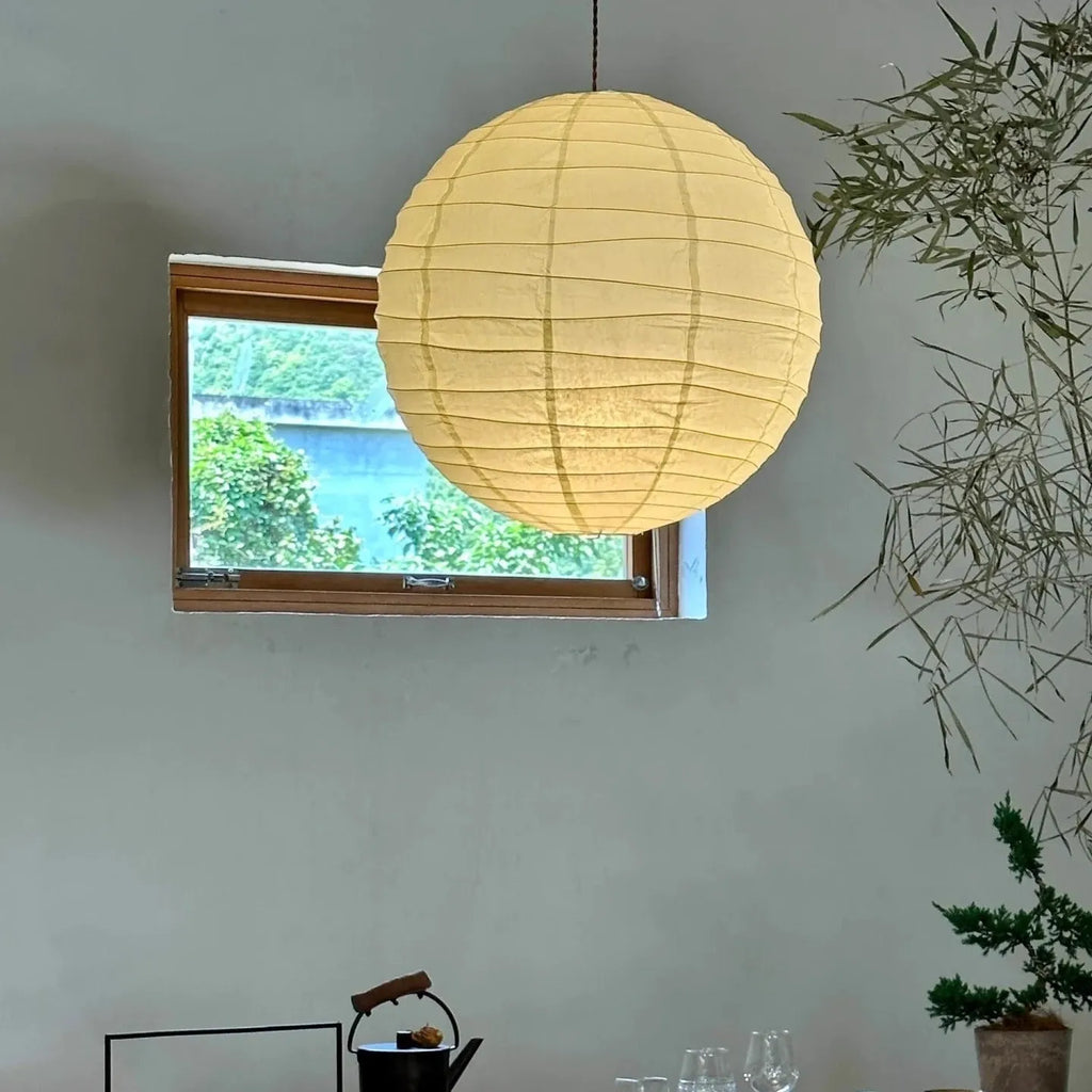 Japanese-style rice paper ball pendant chandelier with dimmable light.