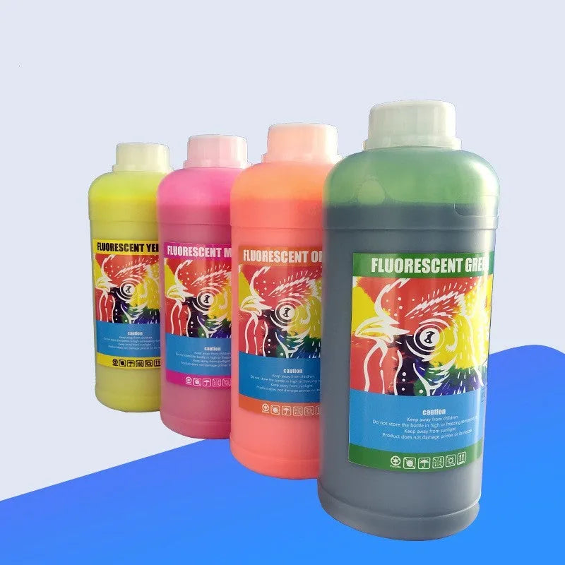 Cartridge of fluorescent orange sublimation ink for PET film printing, with 1000ml capacity shown.